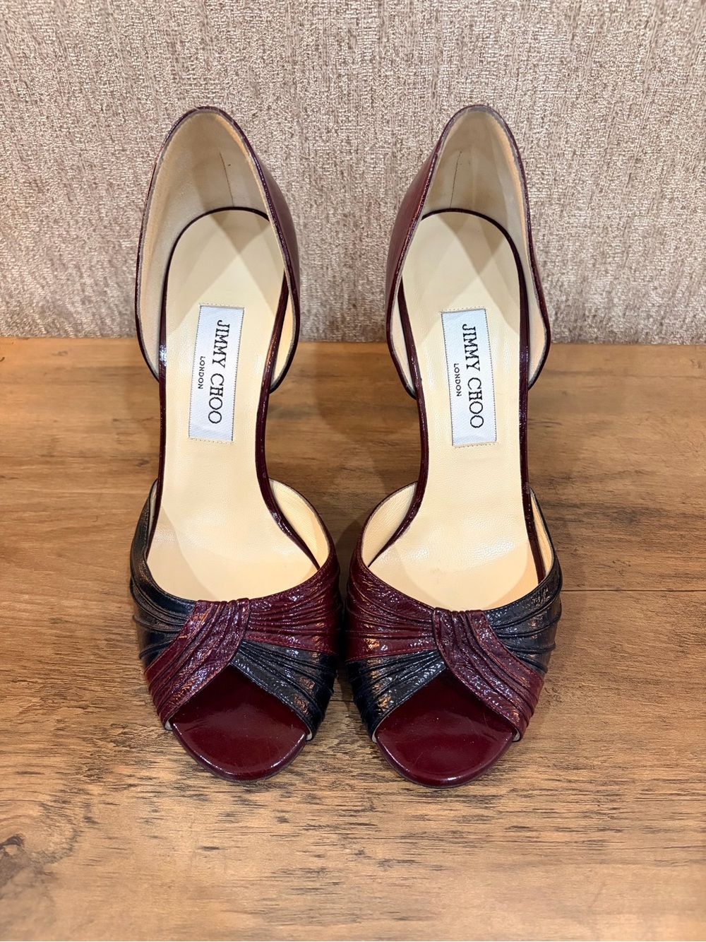 Jimmy Choo Burgundy and Black Peep-Toe Twist Heels